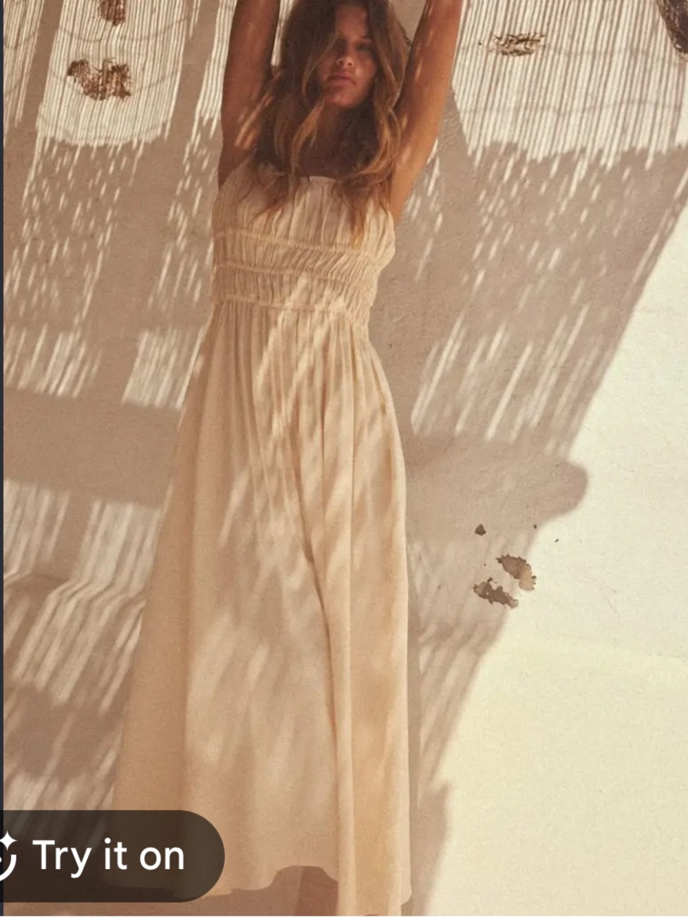 Zara Cream Smocked Maxi Dress with Spaghetti Straps
